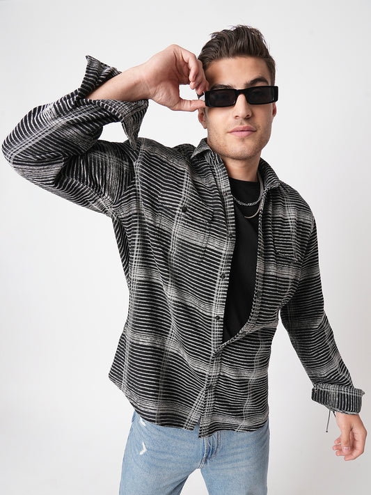 Black & White Checked Double Flap Pocket Textured Overshirt
