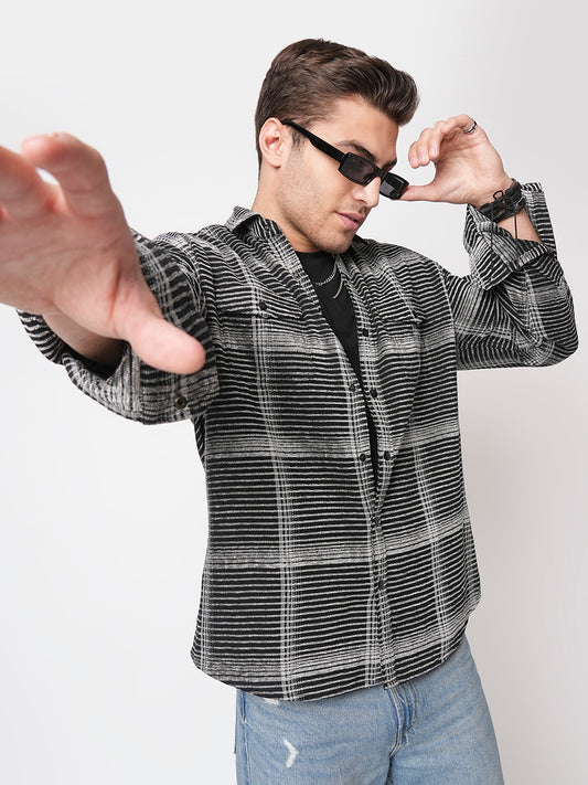 Black & White Checked Double Flap Pocket Textured Overshirt