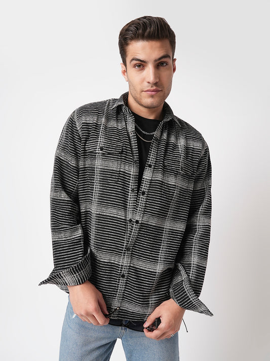 Black & White Checked Double Flap Pocket Textured Overshirt