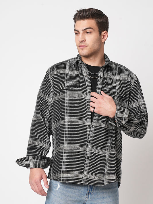 Black & White Checked Double Flap Pocket Textured Overshirt