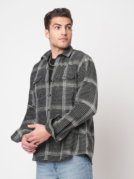 Black & White Checked Double Flap Pocket Textured Overshirt