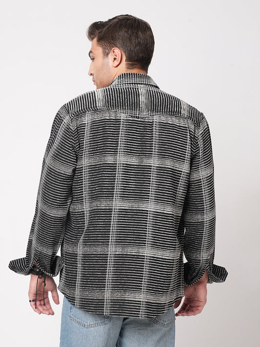 Black & White Checked Double Flap Pocket Textured Overshirt