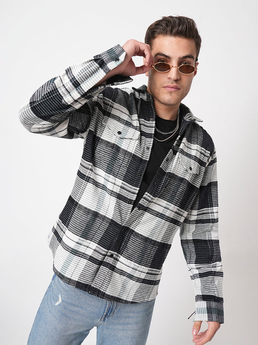 Black & Green Checkered Double Flap Pocket Textured Overshirt