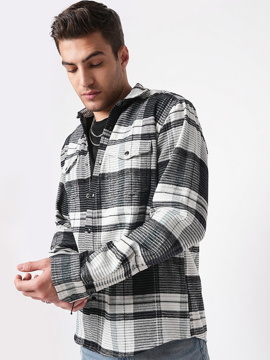 Black & Green Checkered Double Flap Pocket Textured Overshirt