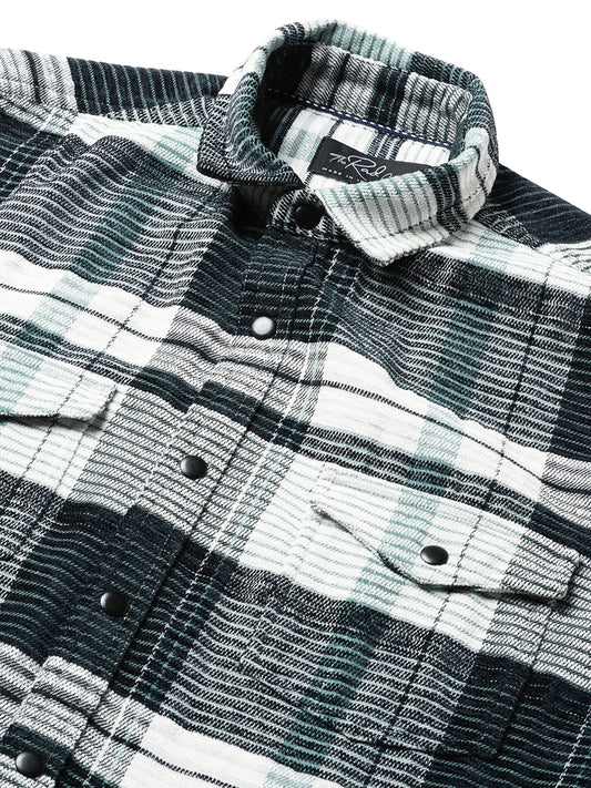 Black & Green Checkered Double Flap Pocket Textured Overshirt