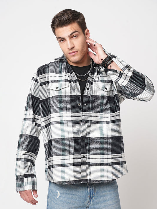 Black & Green Checkered Double Flap Pocket Textured Overshirt