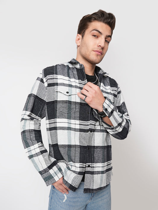 Black & Green Checkered Double Flap Pocket Textured Overshirt