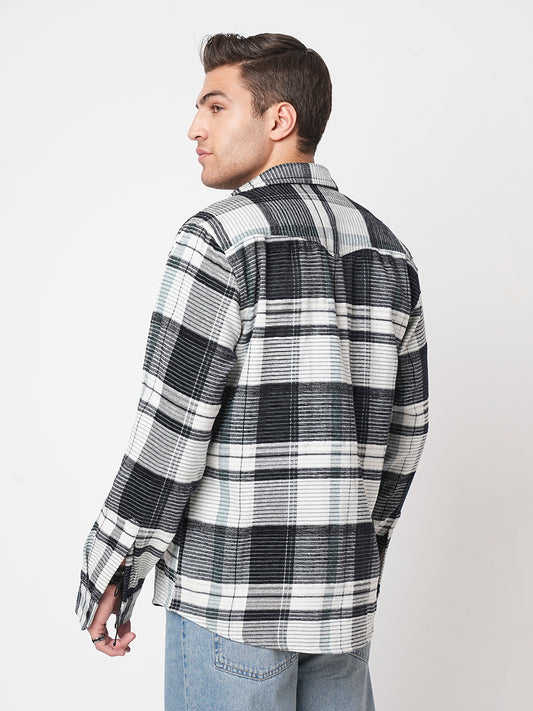Black & Green Checkered Double Flap Pocket Textured Overshirt