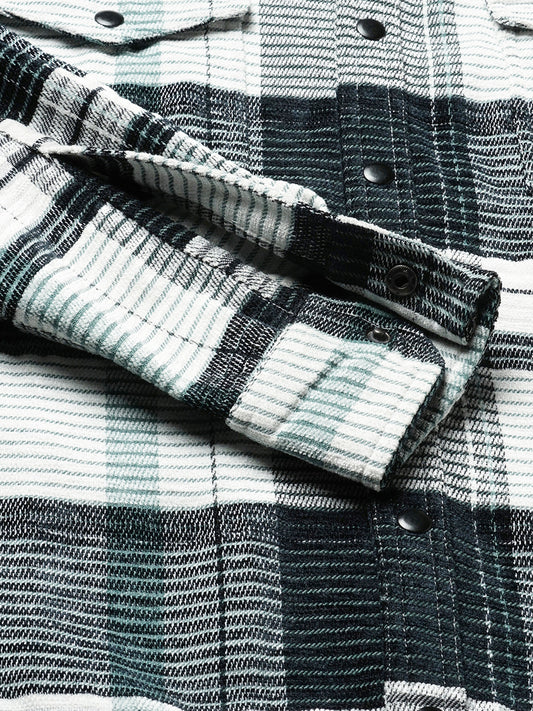 Black & Green Checkered Double Flap Pocket Textured Overshirt