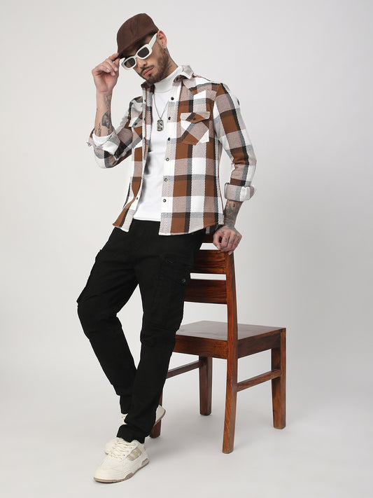 Brown & White Heavy Twill Jacquard Double Pocket Shirt
