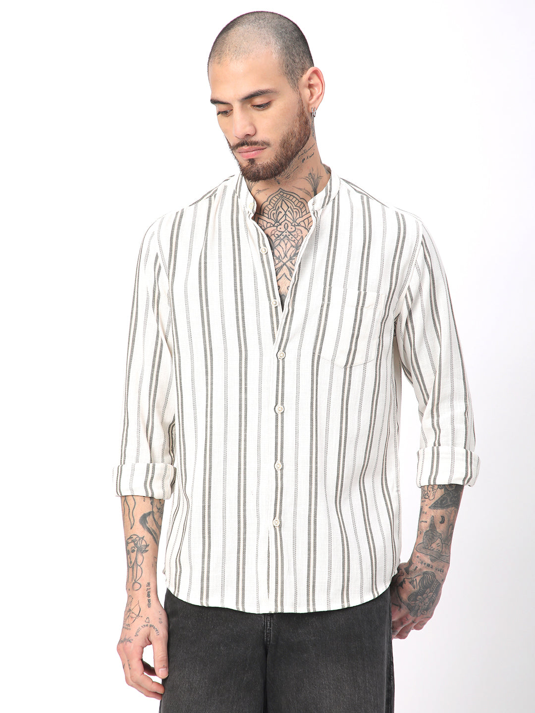 Ivory & Olive Vertical Striped Shirt