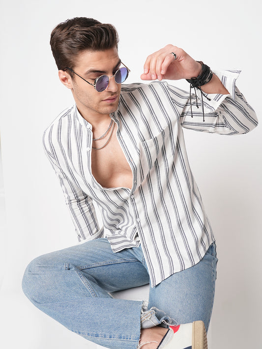 White & Navy Vertical Striped Mandarin Shirt