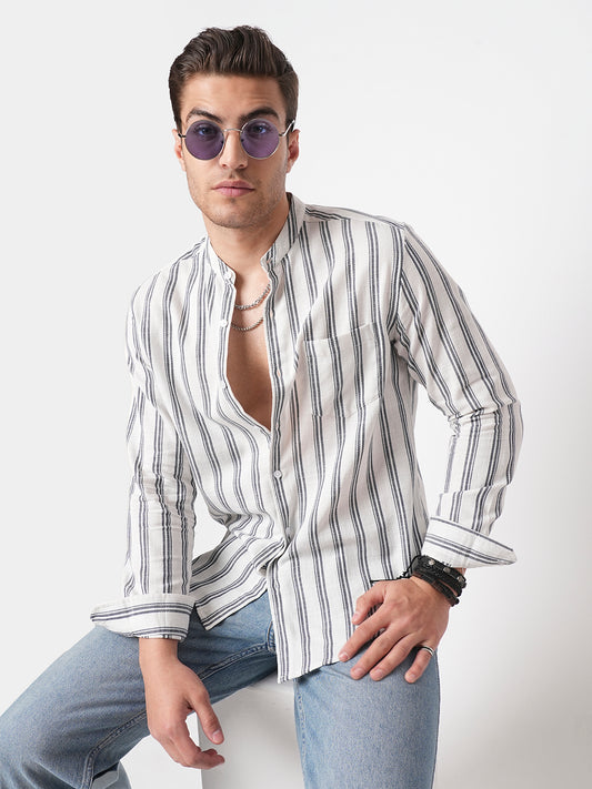 White & Navy Vertical Striped Mandarin Shirt