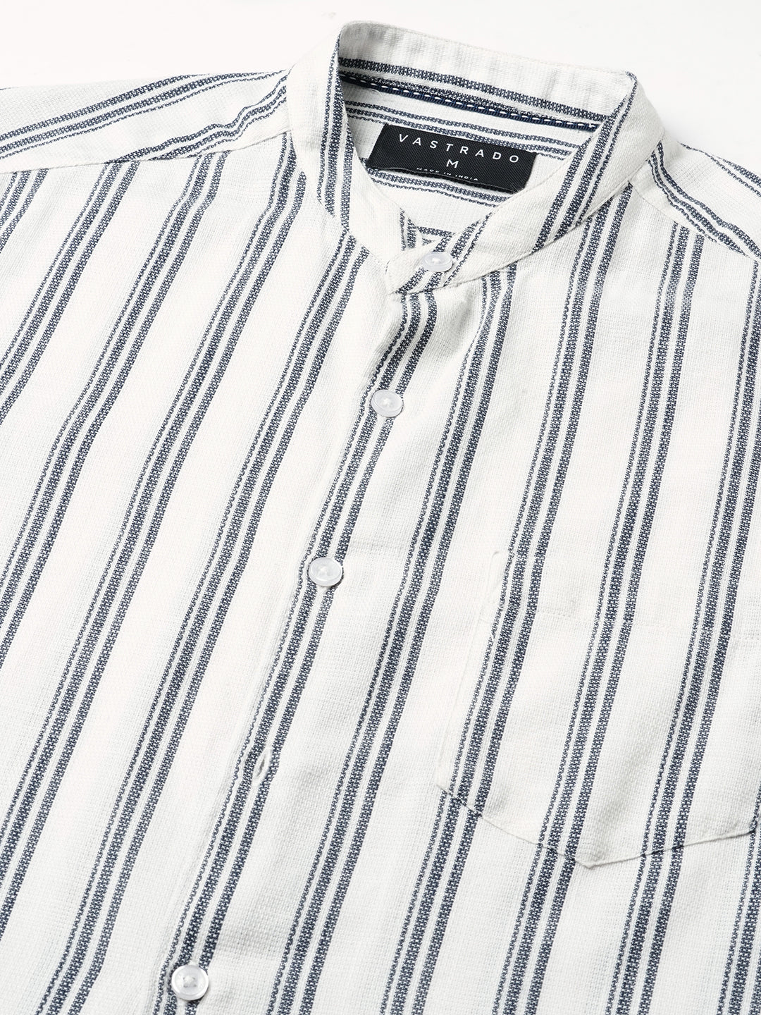 White & Navy Vertical Striped Mandarin Shirt