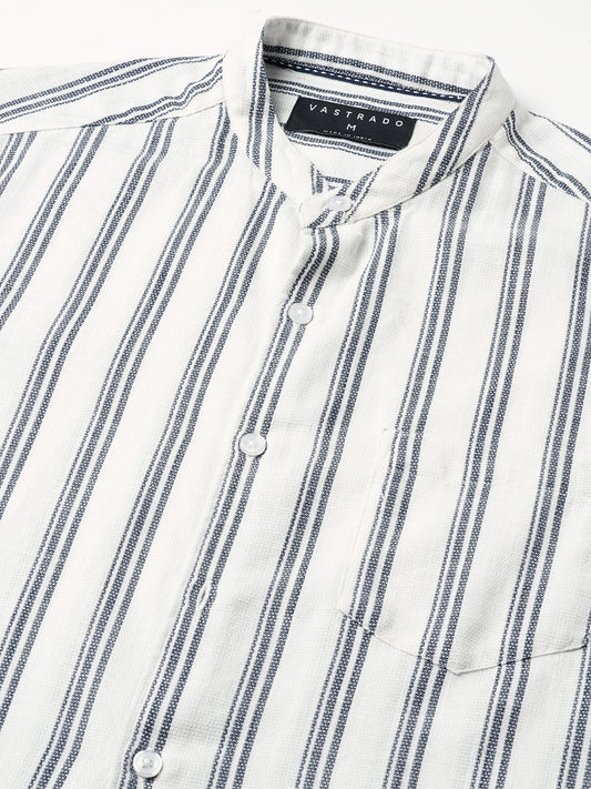 White & Navy Vertical Striped Mandarin Shirt