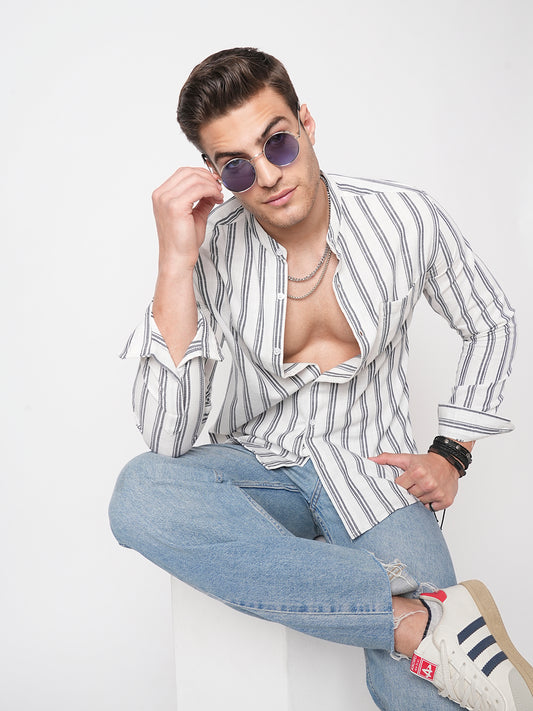 White & Navy Vertical Striped Mandarin Shirt