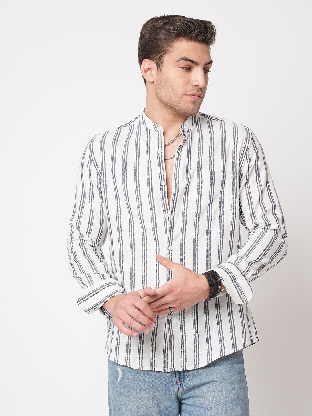 White & Navy Vertical Striped Mandarin Shirt