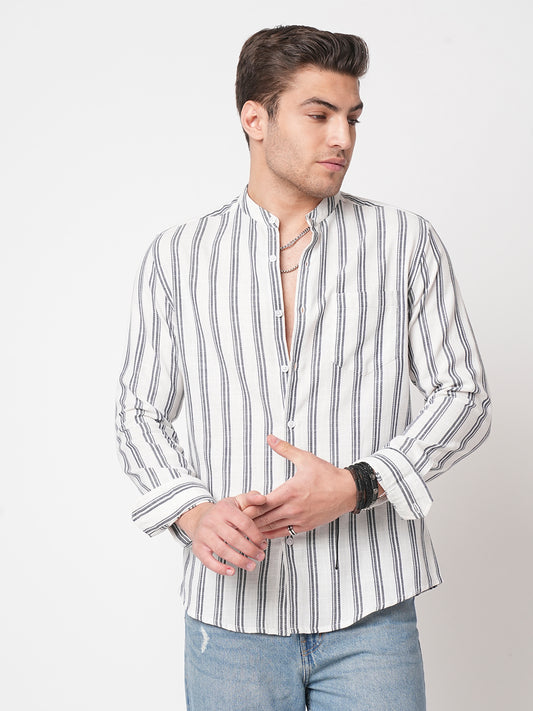 White & Navy Vertical Striped Mandarin Shirt