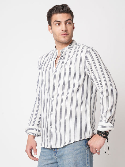 White & Navy Vertical Striped Mandarin Shirt