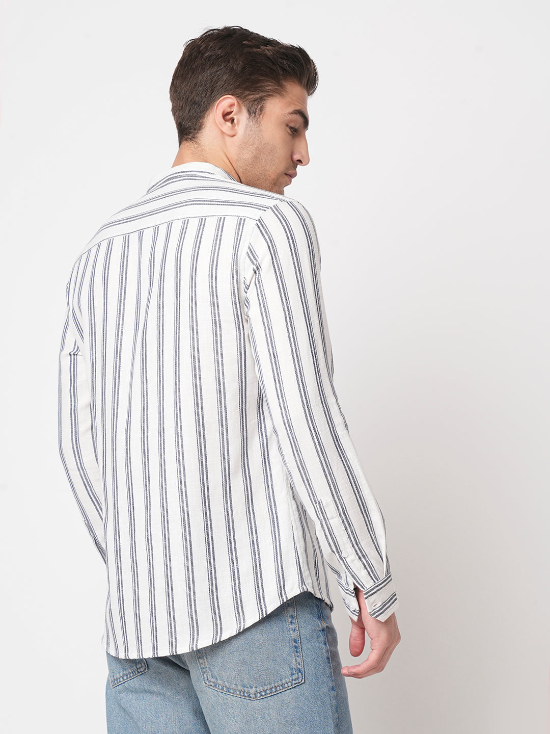 White & Navy Vertical Striped Mandarin Shirt
