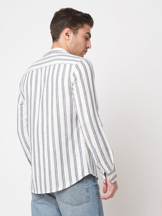 White & Navy Vertical Striped Mandarin Shirt