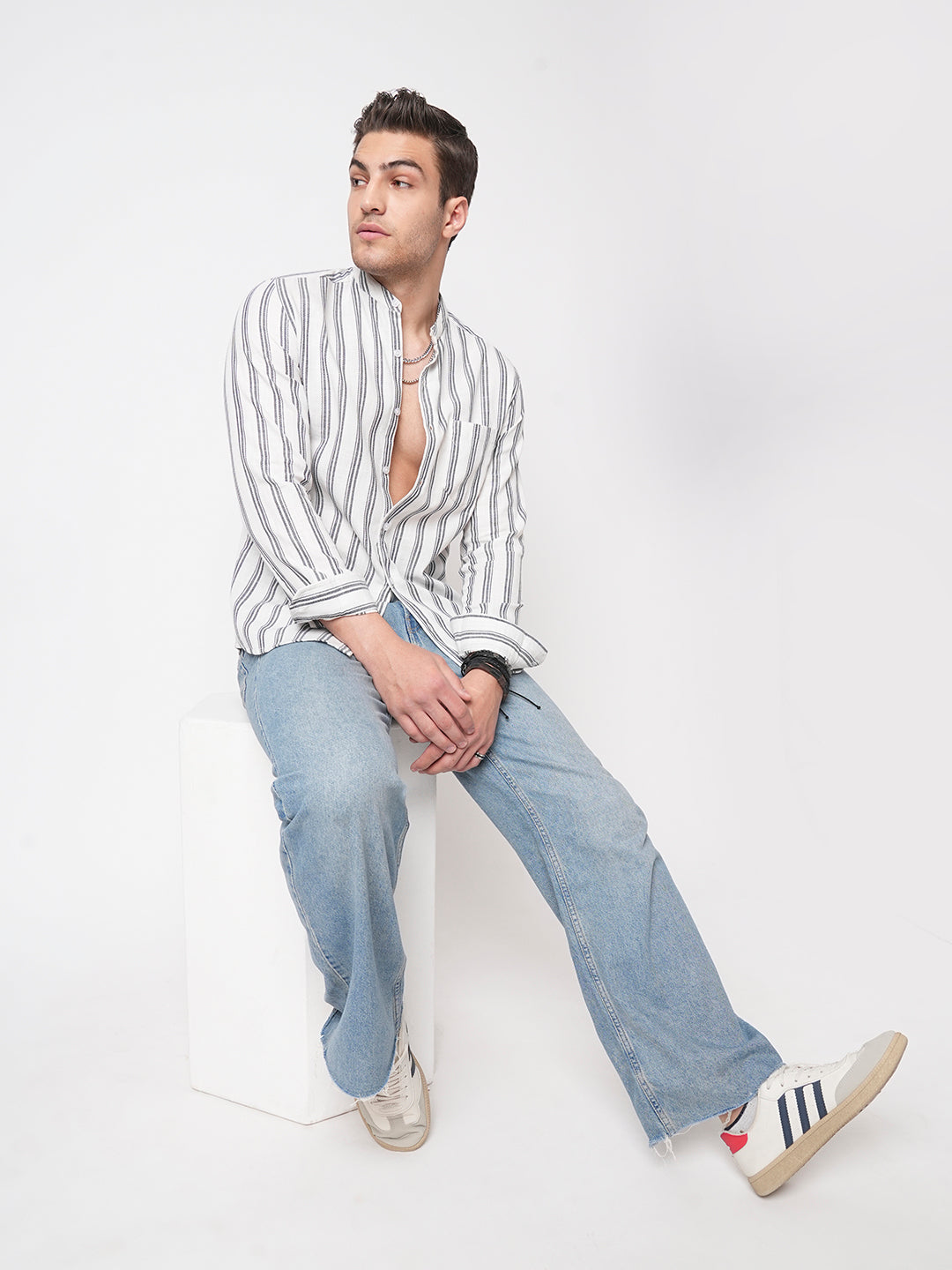 White & Navy Vertical Striped Mandarin Shirt