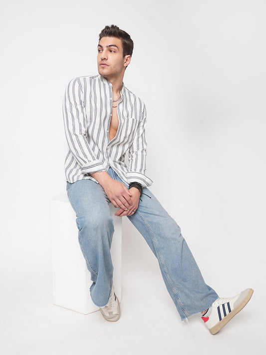 White & Navy Vertical Striped Mandarin Shirt