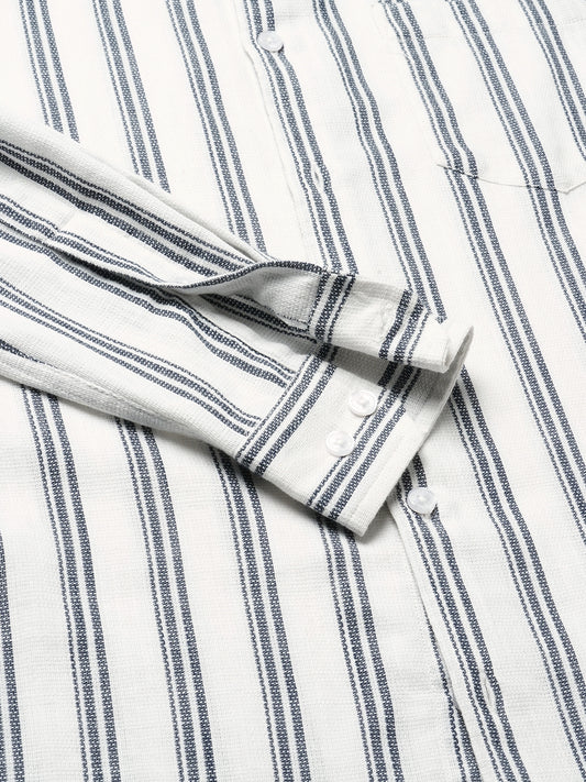 White & Navy Vertical Striped Mandarin Shirt