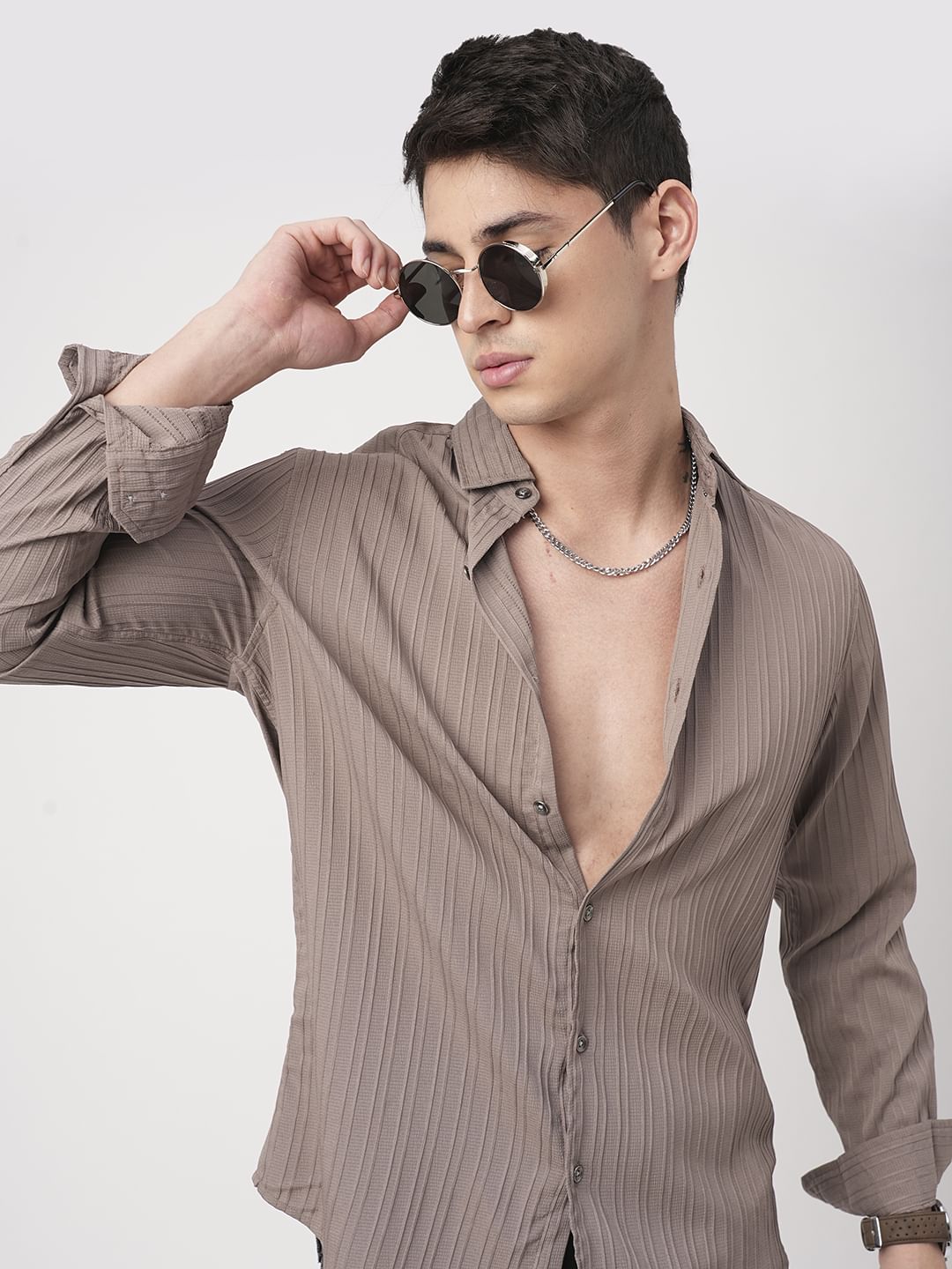 Beaver Brown Stripe Textured Shirt