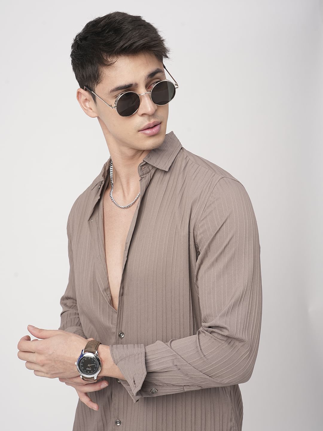 Beaver Brown Stripe Textured Shirt