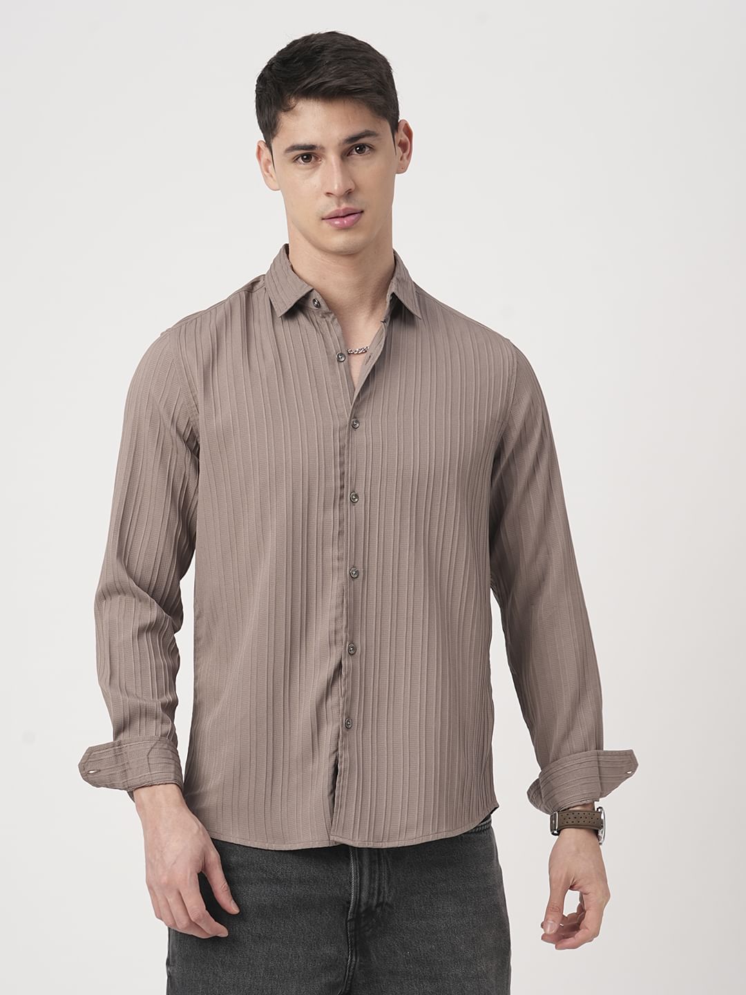 Beaver Brown Stripe Textured Shirt