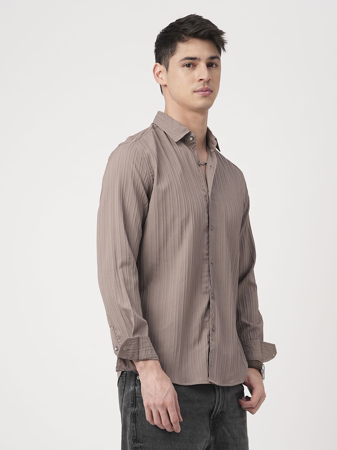 Beaver Brown Stripe Textured Shirt