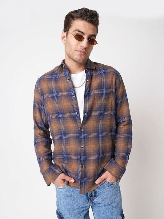 Navy & Orange Tartan Checkered Shirt