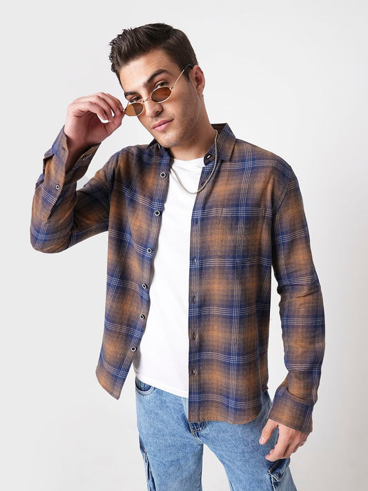 Navy & Orange Tartan Checkered Shirt