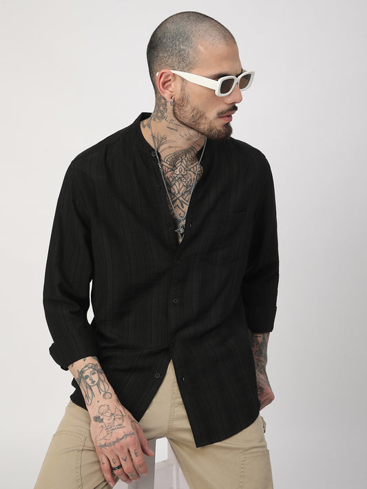 Black Pencil Stripes Mandarin Shirt