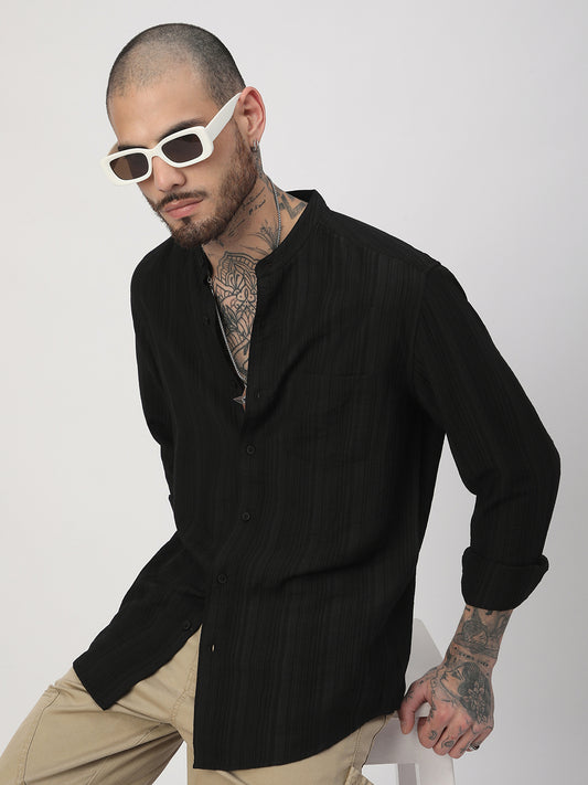 Black Pencil Stripes Mandarin Shirt