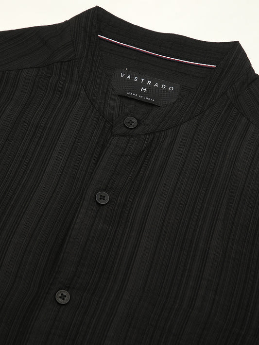 Black Pencil Stripes Mandarin Shirt