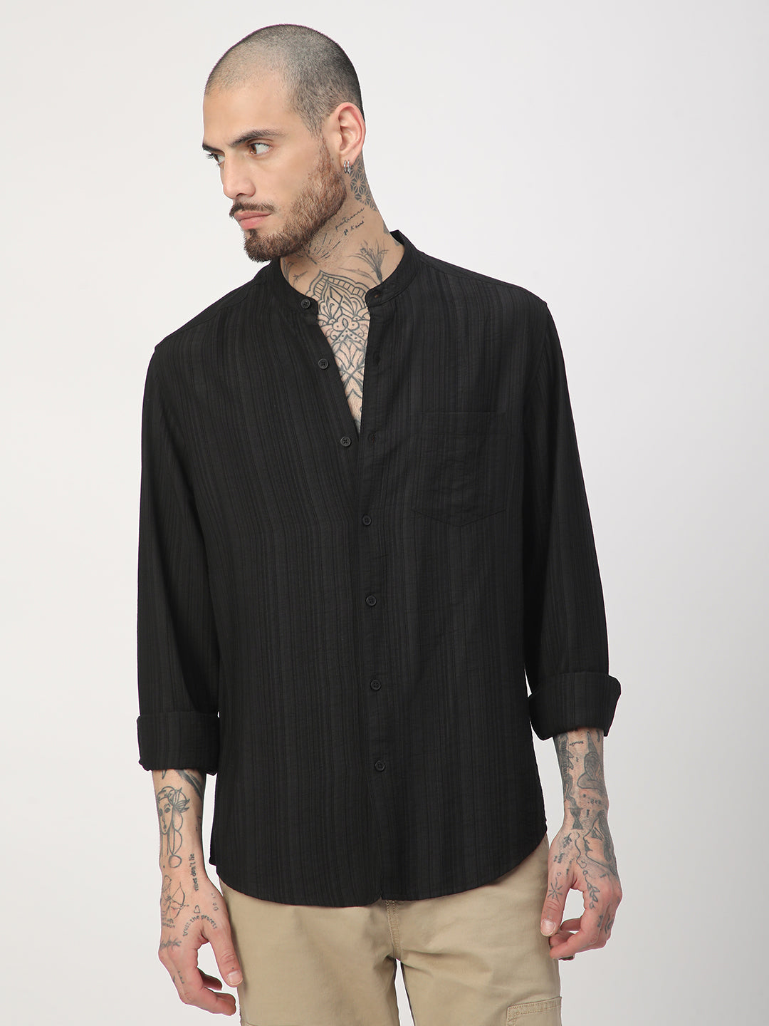 Black Pencil Stripes Mandarin Shirt