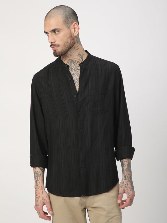 Black Pencil Stripes Mandarin Shirt