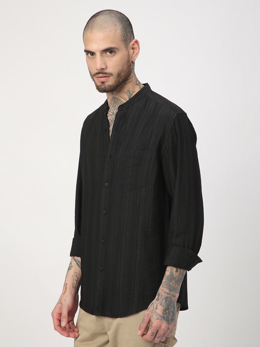 Black Pencil Stripes Mandarin Shirt