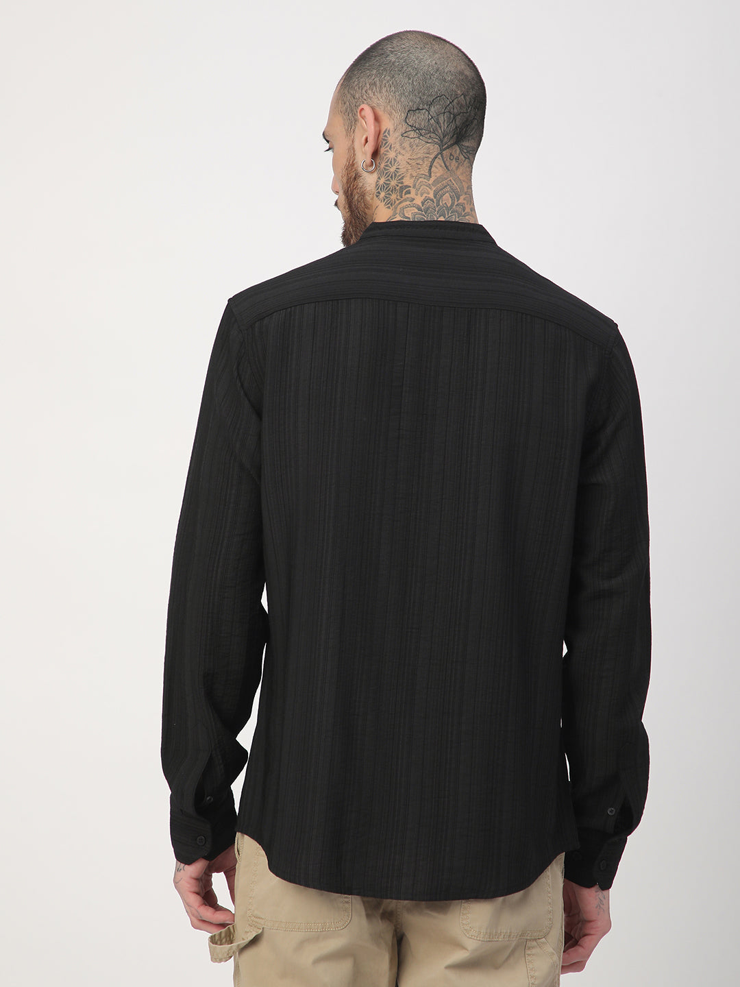 Black Pencil Stripes Mandarin Shirt