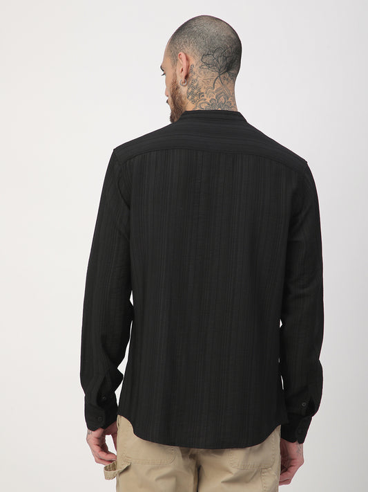 Black Pencil Stripes Mandarin Shirt