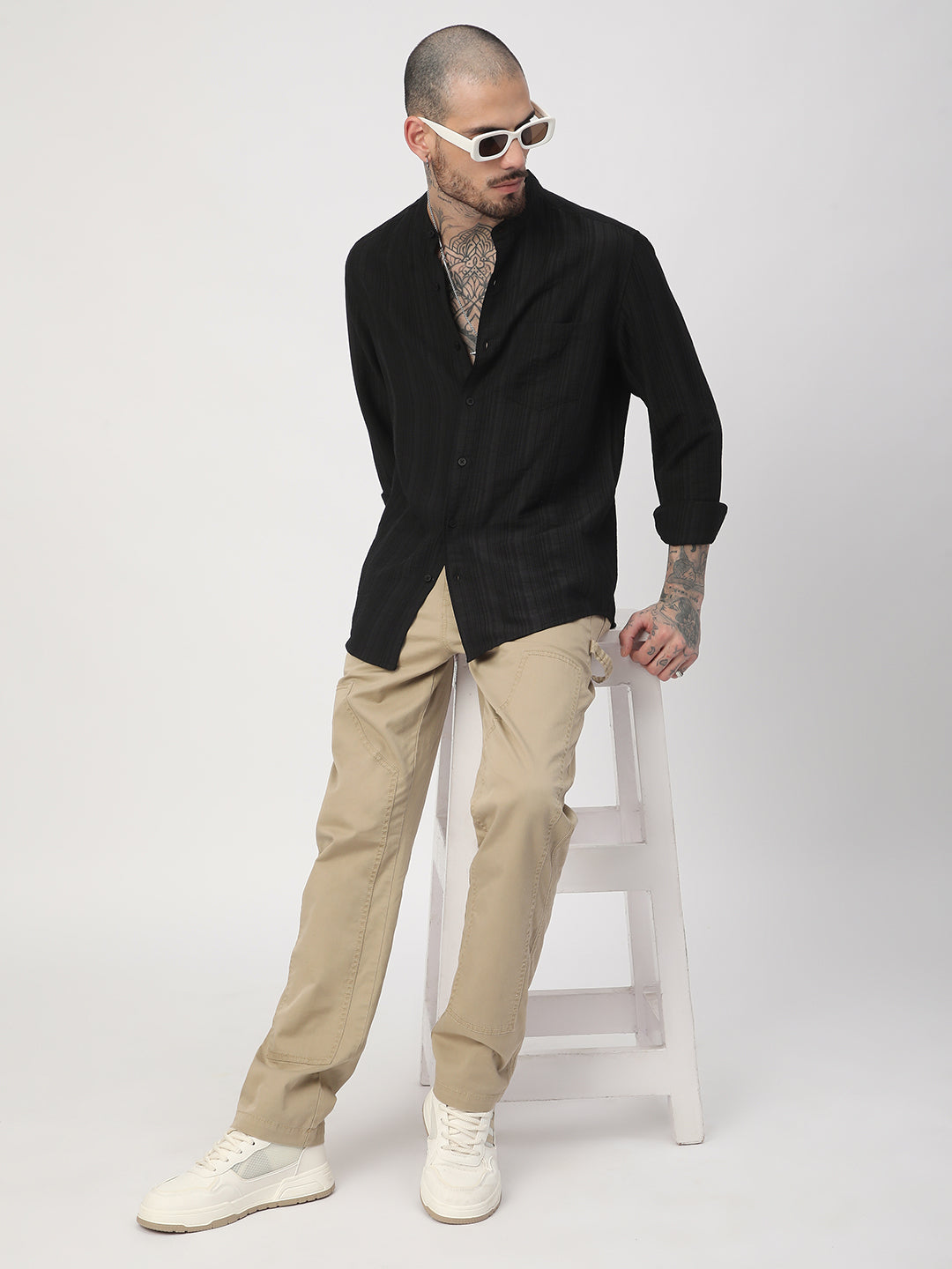 Black Pencil Stripes Mandarin Shirt