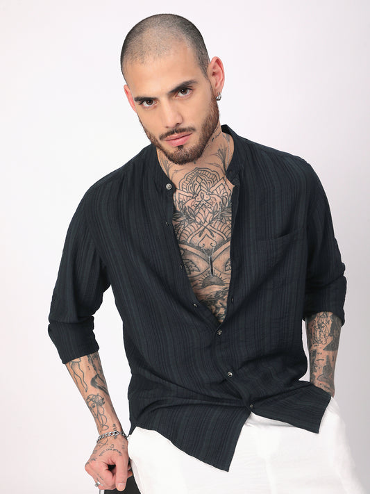 Navy Pencil Stripes Mandarin Shirt