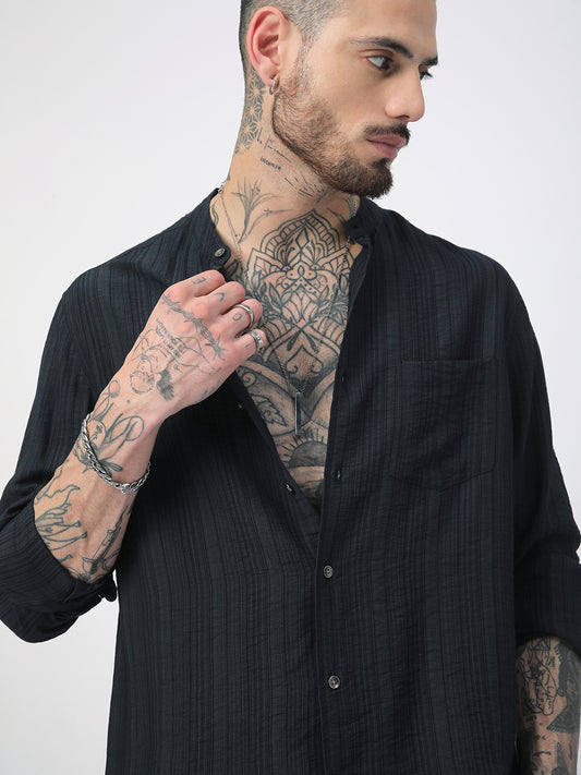 Navy Pencil Stripes Mandarin Shirt