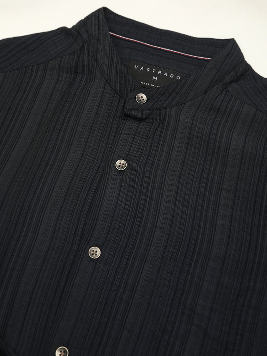 Navy Pencil Stripes Mandarin Shirt