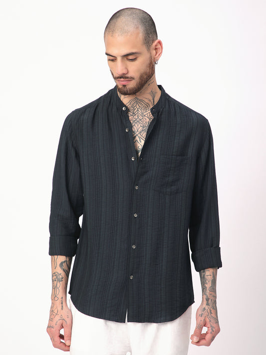 Navy Pencil Stripes Mandarin Shirt