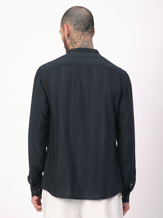 Navy Pencil Stripes Mandarin Shirt