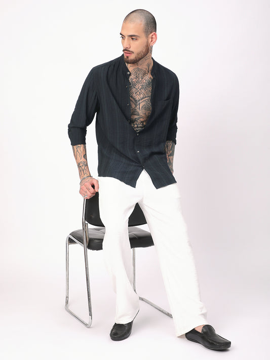 Navy Pencil Stripes Mandarin Shirt