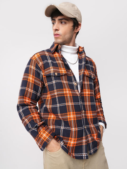 Orange & Navy Tweed Checks Double Flap Pocket Flannel Shirt